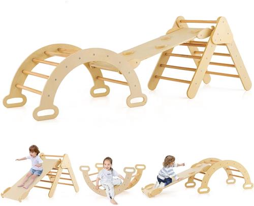 COSTWAY 4-in-1 klimdriehoek, klimboog, ladder en glijbaan, klimrek met dubbelzijdige helling, klimdriehoek voor klimmen, glijden en wippen, voor peuters vanaf 1 jaar (natuur)