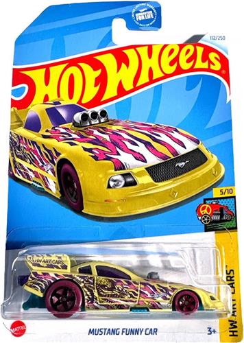 HOT WHEELS MUSTANG FUNNY CAR YELLOW 112/250 1:64 HW ART CARS 5/10