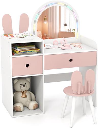 COSTWAY Kinderschminktafel met verlichting, kaptafel met kleurrijke LED-lampjes & kruk, kinderschminktafel met 2 laden, open vakken, make-uptafel voor meisjes vanaf 3 jaar (Wit+Roze)