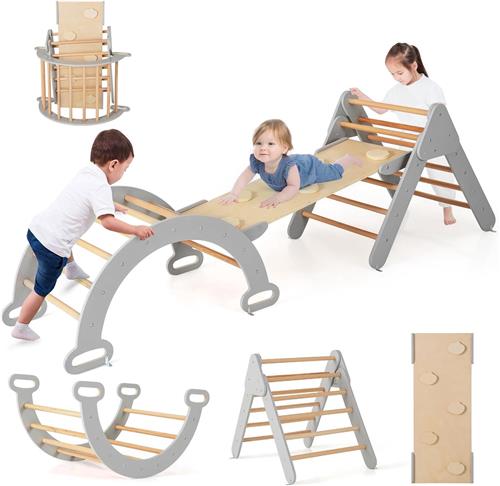 COSTWAY Klimdriehoek met glijbaan, klimboog, incl. dubbelzijdige helling, om te klimmen, glijden en wippen, 4-in-1 klimrek voor binnen vanaf 1 jaar (grijs)