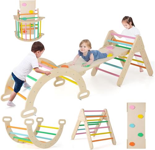 COSTWAY 4-in-1 klimdriehoek, klimboog, ladder en glijbaan, klimrek met dubbelzijdige helling, driehoek voor klimmen, glijden en wippen, voor peuters vanaf 1 jaar (kleurrijk)