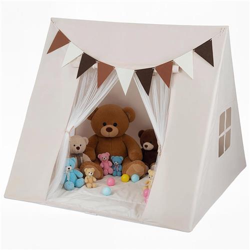 COSTWAY Grote Tipi Speeltent voor 2-3 Kinderen, Binnen Speelhuis met Mat en Kleurrijke Vlaggen, Beveiligd PVC-Frame, Kindertent voor Jongens en Meisjes vanaf 3 Jaar, beige