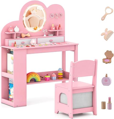 COSTWAY Kinderkaptafel met LED-verlichting  Prinsessenkaptafel met 3 Kleuren Licht, Verlichte Spiegel, 2 Laden, Boekenkast & Haken, Houten Make-uptafel voor Meisjes vanaf 3 Jaar (Roze)