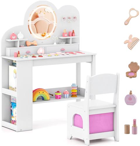 COSTWAY Kinderkaptafel Prinses met LED-Verlichting  Houten Kaptafel met 3-kleurige Spiegel, 2 Laden, Boekenkast en Accessoires, voor Meisjes vanaf 3 Jaar (Wit)