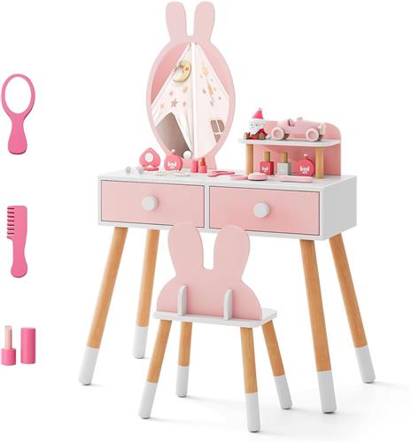 COSTWAY Make-uptafel voor kinderen, met konijnendesign, 2-in-1 kaptafel met spiegel, 2 laden en plank, make-upset met massief houten poten voor meisjes (roze)