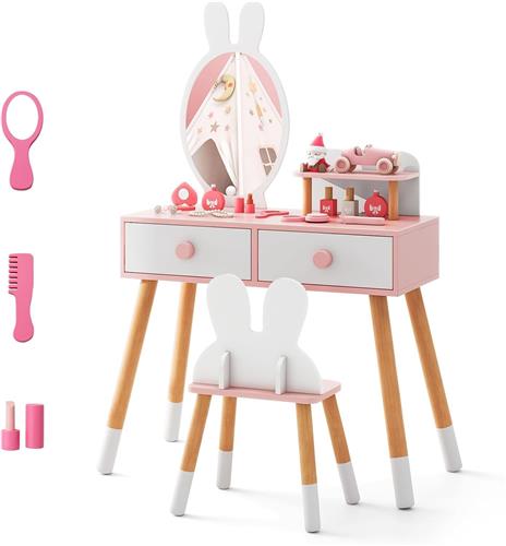 COSTWAY Make-uptafel voor kinderen, met konijnendesign, 2-in-1 kaptafel met spiegel, 2 laden en plank, make-upset met massief houten poten voor meisjes (wit)