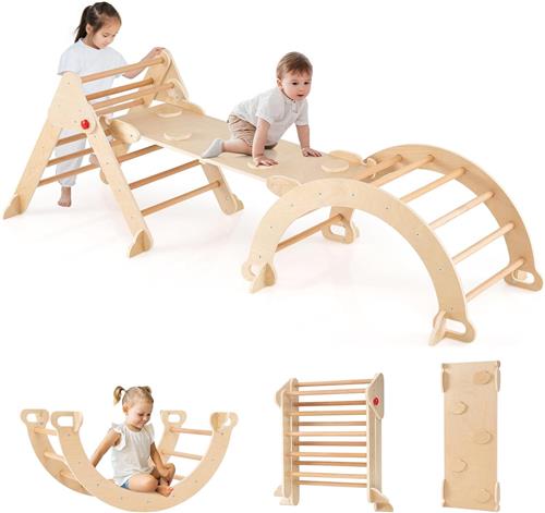 COSTWAY Klimdriehoek met glijbaan, klimboog, incl. dubbelzijdige helling, klimrek, indoor inklapbaar, driehoek met sporten om te klimmen, glijden en kantelen, kinderspeelplaats hout vanaf 3 jaar