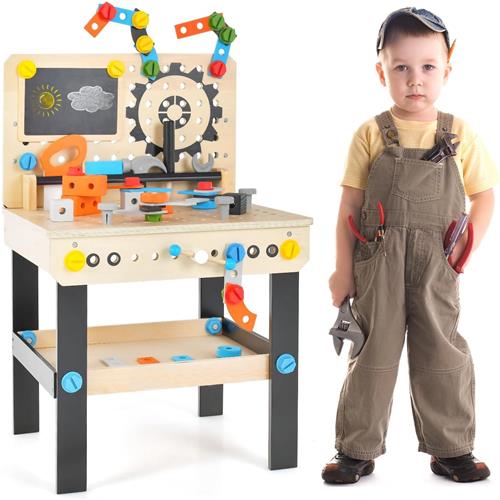 COSTWAY Gereedschapsbank voor kinderen, houten werkbank met bord, hangende gereedschapsstandaard en accessoires, speelgoedwerkbank, werkplaats voor kinderen vanaf 3 jaar (natuur)