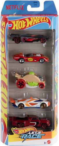 Hot Wheels Let's Race, Set van 5 Metalen Speelgoedraceauto's uit de Netflixserie, Schaal 1:64