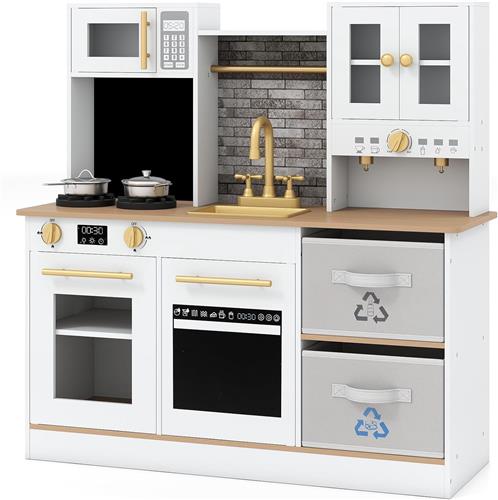 COSTWAY Kinderkeuken, speelkeuken met fornuis, geluid & licht, speelgoedkeuken incl. 2 opvouwbare stoffen laden & keukenaccessoires, houten speelkeuken voor kinderen vanaf 3 jaar (natuur)