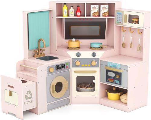 COSTWAY Houten Hoek Kinderkeuken met Licht en Geluid - Inclusief Uittrekbare Vuilnisemmer, Fornuis, Magnetron, Gootsteen & Vaatwasser, Speelkeuken met Educatieve Accessoires voor Kinderen vanaf 3 Jaar