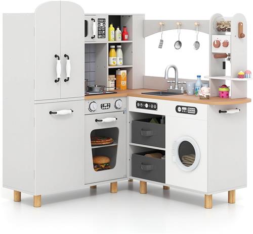 COSTWAY Kinderkeuken, hoek-speelkeuken incl. 12 accessoires & stoffen manden, houten keuken met dubbeldeurs-koelkast, koffiezetapparaat & wasmachine, speelgoedkeuken met licht & geluid voor kinderen