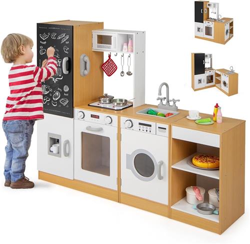 COSTWAY 3-in-1 kinderkeuken, speelkeuken met licht en geluid, houten keuken met spoelbak, wasmachine, waterdispenser, bord, oven en kookgerei, speelgoedkeuken voor peuters vanaf 3 jaar