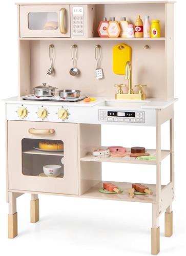 COSTWAY Kinderkeuken, speelkeuken, in hoogte verstelbaar, incl. kookaccessoires met licht en geluid, houten keuken met magnetron, fornuis, gootsteen en oven, speelgoedkeuken voor kinderen vanaf 3 jaar