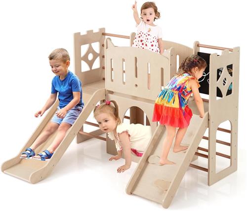 COSTWAY 8-in-1 Houten Kinderglijbaan met Klimrek  Indoor Speelplaats met Glijbaan, Klimladder, Klimhelling, Tunnel, Speelbord en Opbergruimte  Voor Kinderen vanaf 3 Jaar