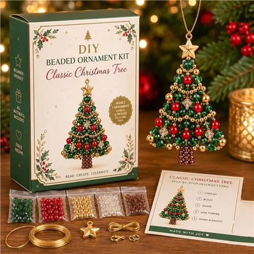 DIY kerstboom kralenset - Kersthanger van 10 cm om zelf te maken - Groene en rode kralen met goudkleurige details en ster - Knutselpakket voor 1 kerstornament - Creatieve kerstdecoratie voor in de kerstboom