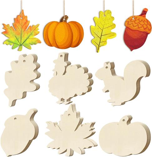 Houten herfstfiguren om te beschilderen - 36 stuks in 6 vormen - Pompoen, kalkoen, eekhoorn, eikel, esdoornblad en eikenblad - Onbeschilderde hangers met ophanggat - DIY knutselmateriaal voor herfstdecoratie en slingers