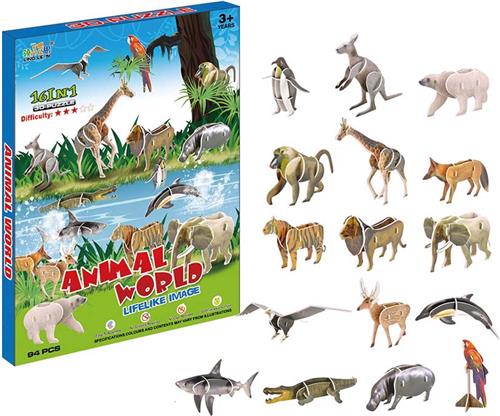 PIA Soft Toys - 3D puzzel Wilde dieren - 16 in 1 box