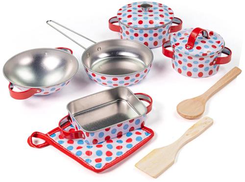 Pannenset - Metaal - Met rode & blauwe stippen - Incl. accessoires - 10dlg.