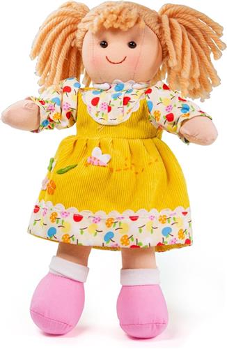 Stoffen Pop Daisy - BIGJIGS - Meisjespop met Gele Jurk - 28 cm