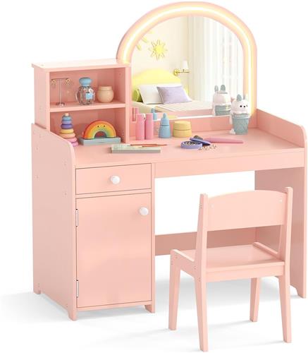 COSTWAY 2-in-1 Kinderschminktafel Set, Kaptafel met Kruk, LED-verlichting, Spiegel, Kast & La, Make-up tafel voor meisjes van hout, voor kinderen vanaf 3 jaar (Lichtroze)