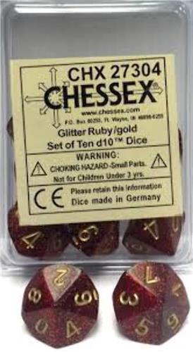 Chessex dobbelstenen glitter ruby/goud D10 set - 10 stuks gaming.