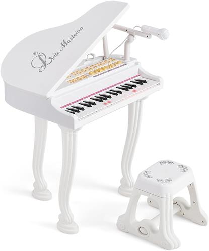 COSTWAY Kindertoetsenbord met 37 toetsen en kruk, elektronisch pianotoetsenbord, draagbaar met microfoon, led-onderwijsmodus, opname- en afspeelfunctie, muziekinstrument voor kinderen vanaf 3 jaar