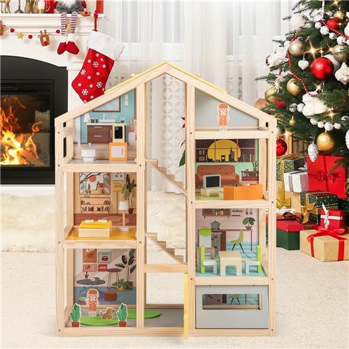 COSTWAY Houten poppenhuis, Droomvilla met meubels en figuren, poppenhuis voor kinderen met garage en openslaande deur, doe-het-zelf droomvilla voor meisjes en jongens vanaf 2 jaar