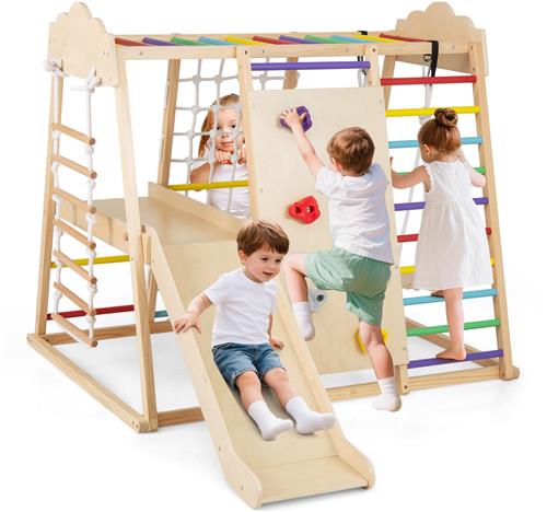 COSTWAY Klimrek voor binnen, 8-in-1 klimdriehoek, schommel, klimnet, glijbaan, klimrotsen, apenstangen, touwladder en platform, houten speelplaats, voor kinderen vanaf 3 jaar, kleurrijk