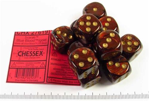 Chessex Scarab Blue Blood/gold D6 16mm Dobbelsteen Set (12 stuks)