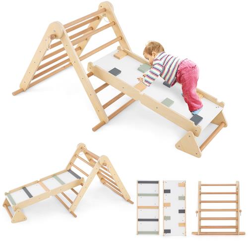 COSTWAY Klimrek voor binnen, 3-in-1 klimdriehoek & klimladder & wip, klimdriehoek inklapbaar, driehoek met sporten van hout met dubbelzijdige helling, speelplaats voor kinderen vanaf 3 jaar