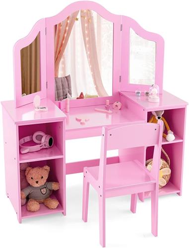 COSTWAY 2-in-1 Kinderkaptafel en Bureau Met Afneembare Spiegel, Open Vakken, Houten Kaptafel Met Stoel, Roze