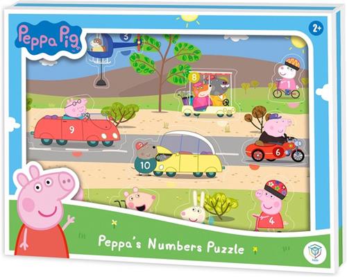 Peppa Pig FSCÂ® Houten Puzzel - DeQube - 10 Stukken - Vormenpuzzel met Cijfers - Vanaf 2 Jaar
