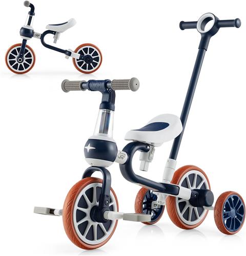 COSTWAY 4-in-1 kinderdriewieler, loopfiets, balansfiets en duwauto met verstelbare duwgreep en afneembare pedalen, voor kinderen vanaf 1 jaar (blauw)