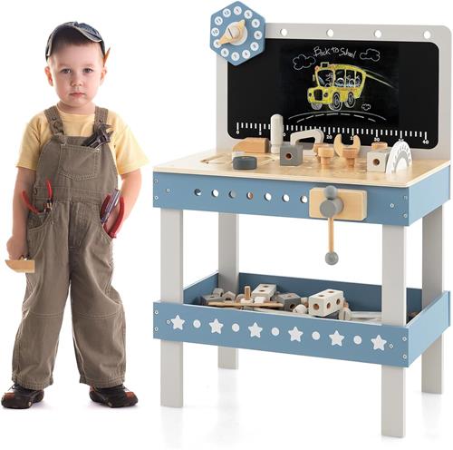 COSTWAY Werkbank voor kinderen van hout, gereedschapsbank met bord, klok en 61 accessoires, speelgoedwerkbank, werkplaats voor kinderen vanaf 3 jaar (blauw)