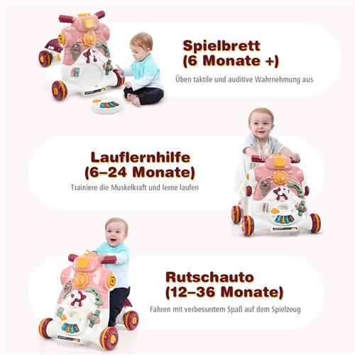 COSTWAY 3-in-1 loopwagen met verlichting en muziek, loophulp & glijauto & speelbord, babywalker voor baby's van 6 tot 36 maanden, loopvrij 46 x 46 x 46 cm (roze)