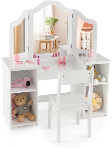 COSTWAY 2-in-1 Kinderkaptafelset, Bureau Met Stoel en Afneembare Spiegel, Kaptafel Voor Meisjes Met Open Vakken, Van Hout, Wit