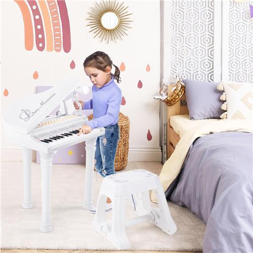 COSTWAY 31 toetsen kinderkeyboard met kruk, elektronisch pianotoetsenbord met microfoon, LED-leeromgeving, draagbaar speelgoedpiano muziekinstrument voor kinderen vanaf 3 jaar (wit)