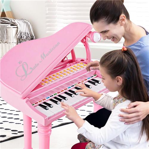 COSTWAY 31 toetsen kindertoetsenbord met kruk, elektronisch pianotoetsenbord met microfoon, led-leermodus, draagbare speelgoedpiano, muziekinstrument voor kinderen vanaf 3 jaar (roze)