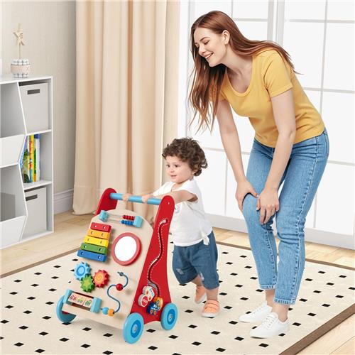 COSTWAY Walking Chair Hout, baby wandelwagen met handvat, opslagruimte en wielen om te duwen en te trekken, Montessori-educatief speelgoed om te zitten en te staan voor jongens en meisjes vanaf 1 jaar