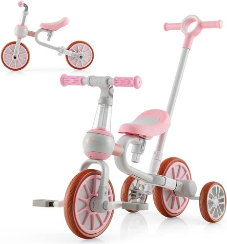 COSTWAY 4-in-1 kinderdriewieler, loopfiets, balansfiets en duwauto met verstelbare duwgreep en afneembare pedalen, voor kinderen vanaf 1 jaar (roze)