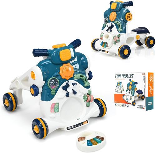 COSTWAY 3-in-1 loopwagen met verlichting en muziek, loophulp & glijauto & speelbord, babywalker voor baby's van 6 tot 36 maanden, loopvrij, 46 x 46 x 46 cm (blauw)