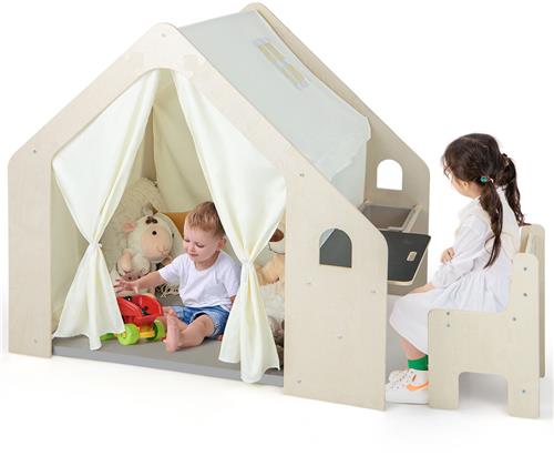 COSTWAY 6-in-1 Houten Kinder tent met Kindertafel & Stoel, Kinder speelhuis met Mat | Schoolbord | Opbergbox | Krijtbox, Speeltent Speelhuis Binnen voor Kinderen vanaf 2 jaar (Met 1 Box)