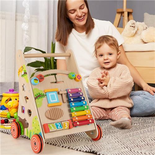 COSTWAY Walking Chair Hout, baby wandelwagen met handvat, opslagruimte en wielen om te duwen en te trekken, Montessori-educatief speelgoed om te zitten en te staan voor kinderen vanaf 1 jaar