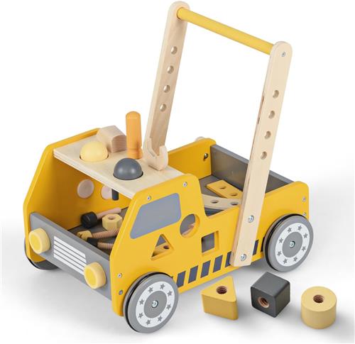 COSTWAY 2-in-1 loopwagen van hout, loophulp met multi-activiteitencentrum en werkbank, baby walker, loopwagen voor meisjes en jongens vanaf 1 jaar (geel)