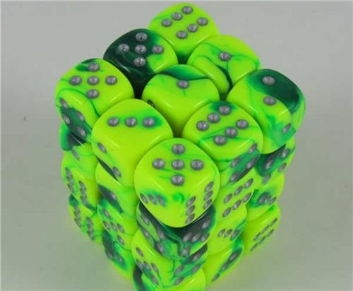 Chessex CHX26854 Gemini Green-Yellow/Silver D6 12mm Dice Set (36 pcs)