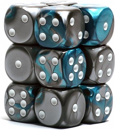 Chessex 12 x D6 Set Gemini 16mm - Steel-Teal/White