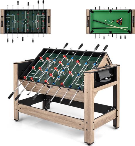 COSTWAY 2-in-1 Draaibare speeltafel 124 cm Tafelvoetbaltafel & Biljartcombinatie Speeltafelset