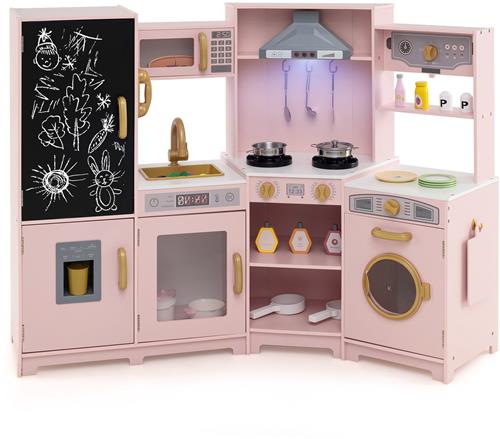 COSTWAY Kinderkeuken hout, speelkeuken met licht en geluid, houten keuken hoek met bord, magnetron, gootsteen, oven en opbergruimte, incl. accessoires, speelgoedkeuken voor kinderen vanaf 3 jaar (roze)