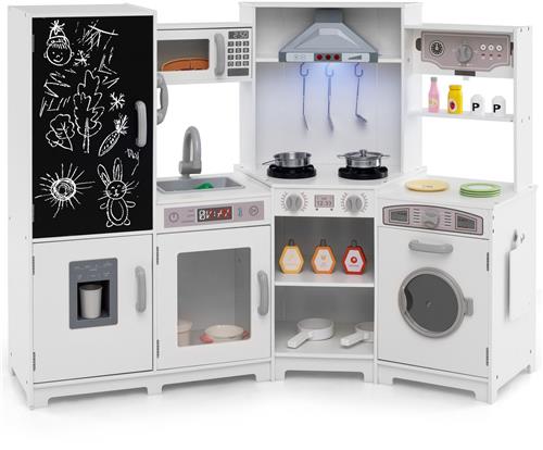 COSTWAY Kinderkeuken hout, speelkeuken met licht en geluid, houten keuken hoek met bord, magnetron, gootsteen, oven en opbergruimte, incl. accessoires, speelgoedkeuken voor kinderen vanaf 3 jaar (wit)